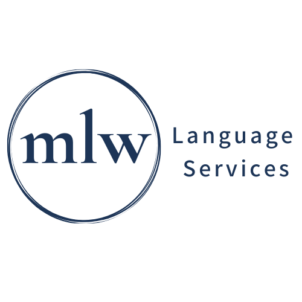 mlw language services horizontal logo with a transparent background. mlw inside a blue circle and Language Services positioned to the right